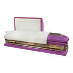 Orion Series Lilac Gold casket — purple 18-gauge steel with white velvet interior (view 2)