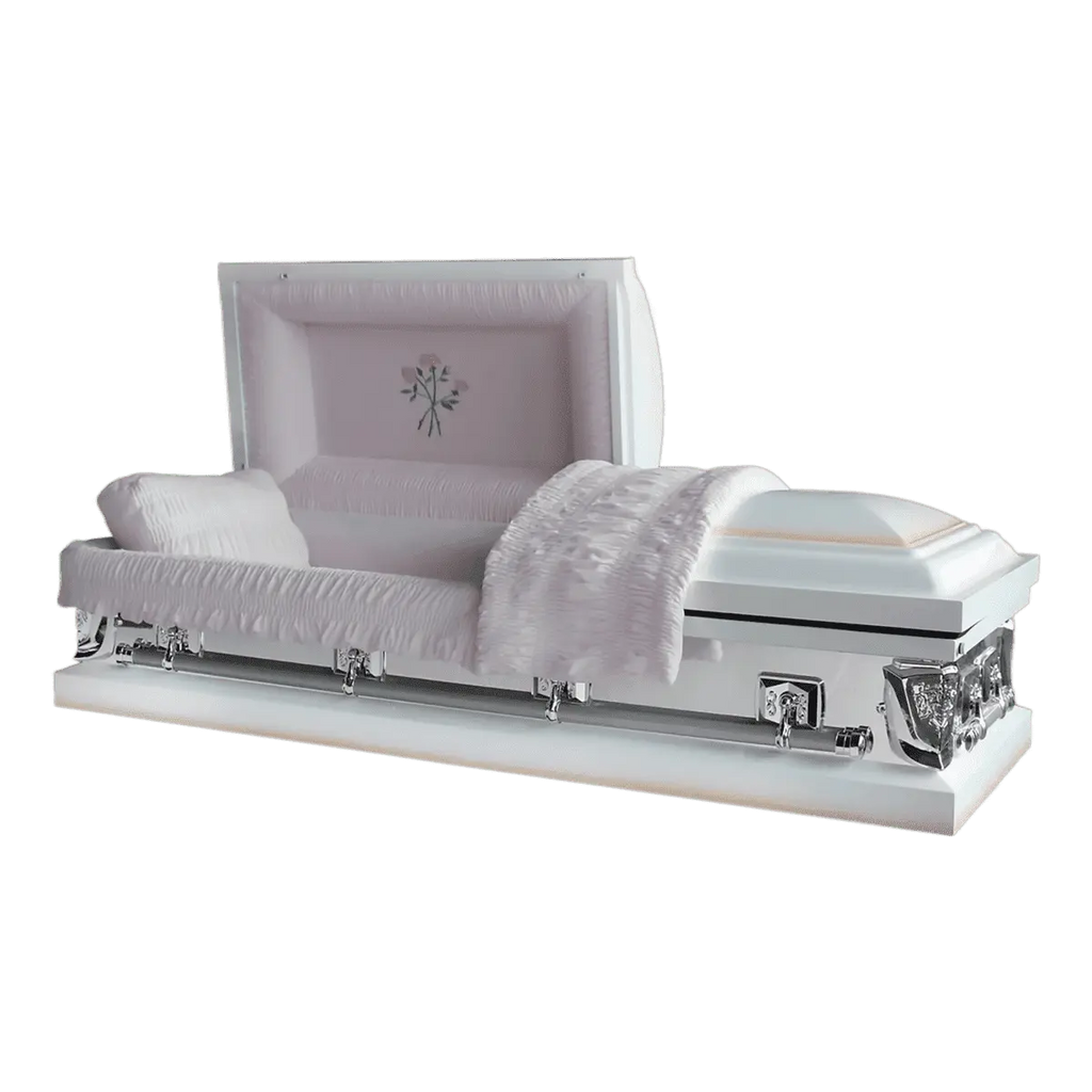 Orion Series Mirror Pink casket — white 18-gauge steel with pink velvet interior (view 2)