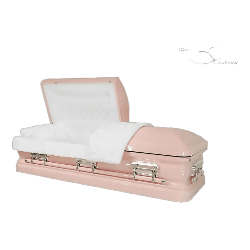 Orion Series Pink casket — pink 18-gauge steel with white velvet interior (view 2)