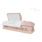 Orion Series Pink casket — pink 18-gauge steel with white velvet interior (view 2)