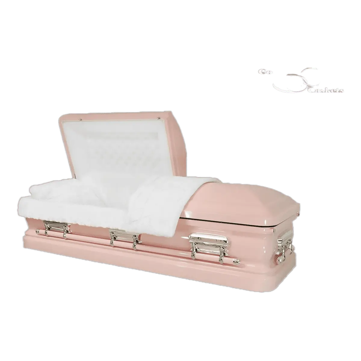 Orion Series Pink casket — pink 18-gauge steel with white velvet interior (view 2)