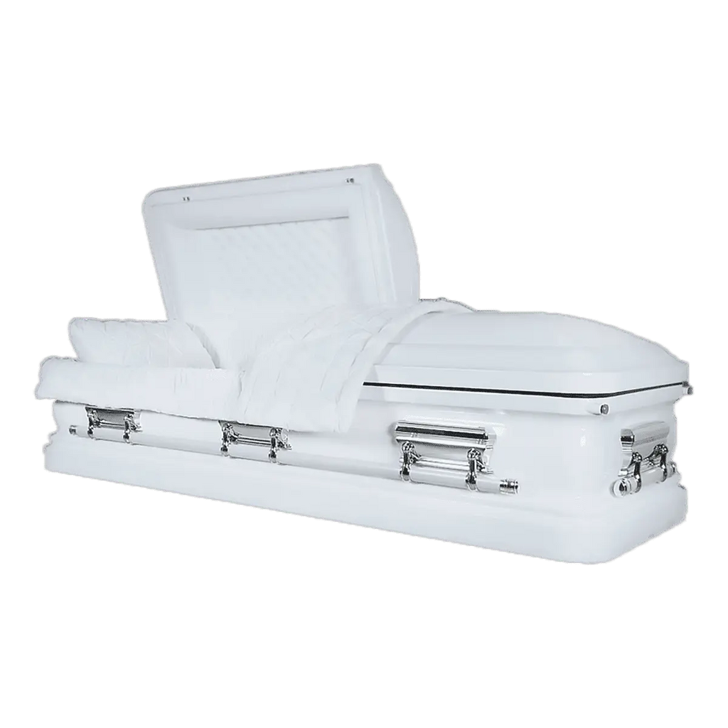 Orion Series Pure White casket — white 18-gauge steel with white velvet interior (view 2)