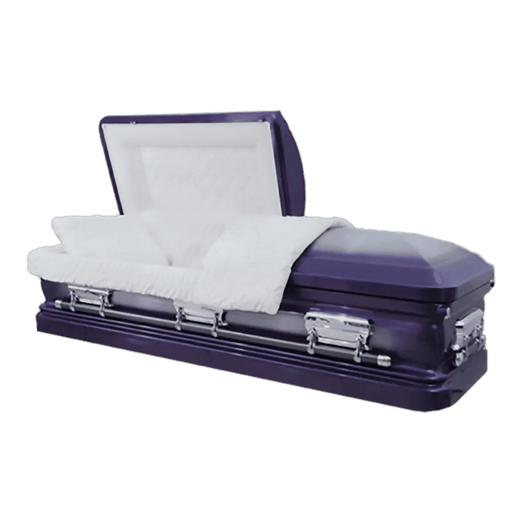 Orion Series Purple casket — purple 18-gauge steel with white velvet interior (view 2)