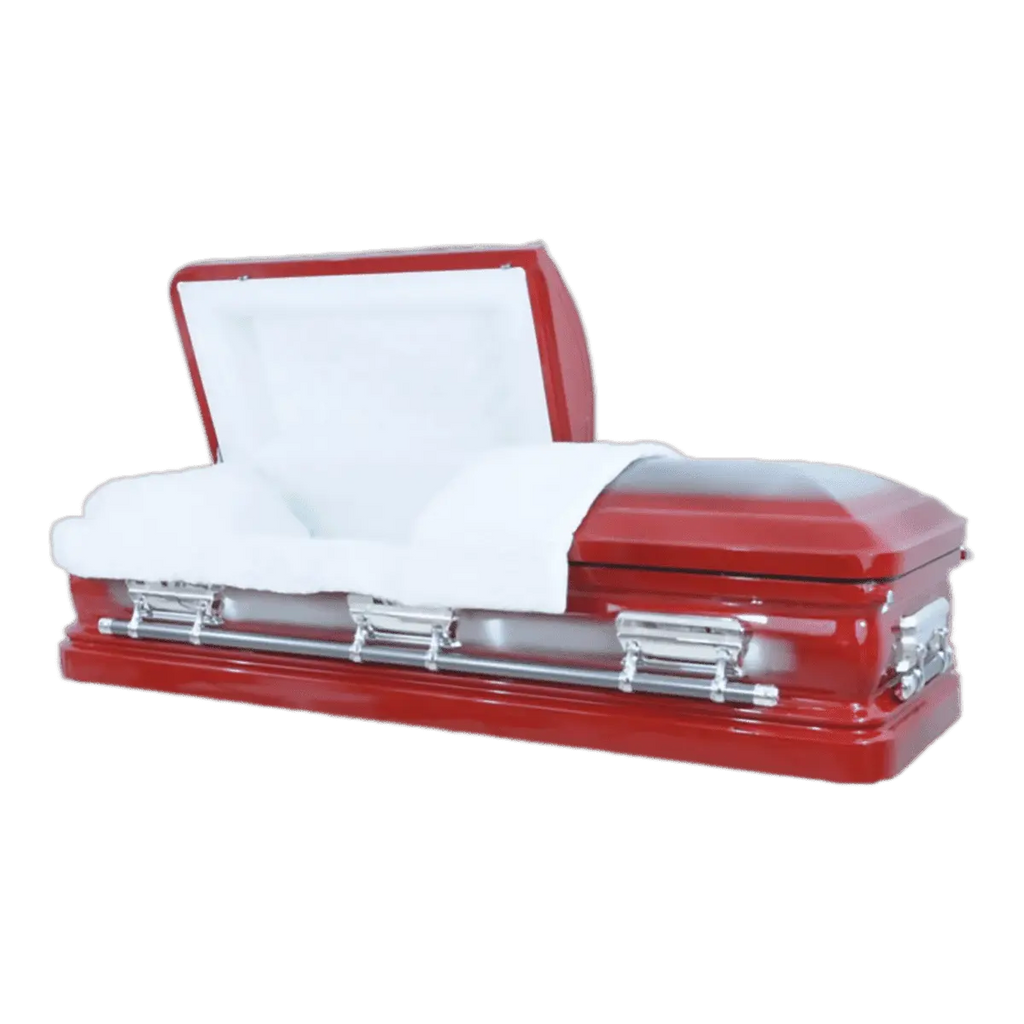 Orion Series Red casket — red 18-gauge steel with white velvet interior (view 2)