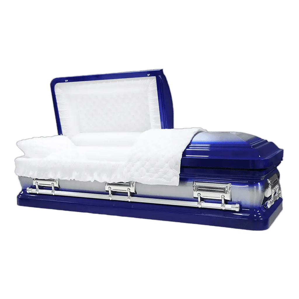 Orion Series Royal Blue casket — blue 18-gauge steel with white velvet interior (view 2)