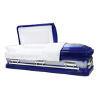 Orion Series Royal Blue casket — blue 18-gauge steel with white velvet interior (view 2)