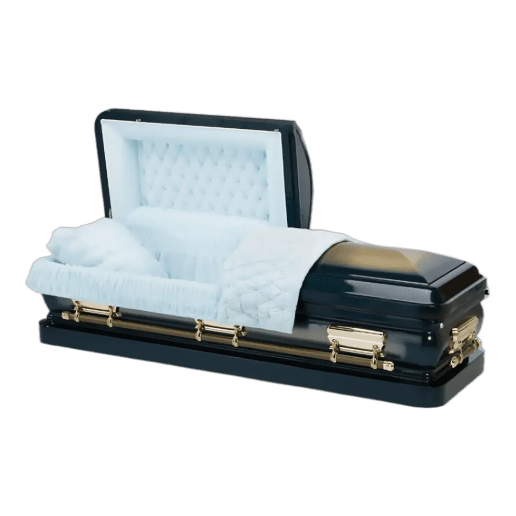 Orion Series Sapphire Blue casket — blue 18-gauge steel with blue velvet interior (view 2)