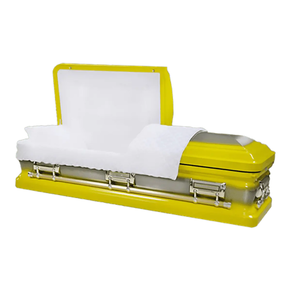 Orion Series Yellow casket — yellow 18-gauge steel with white velvet interior (view 2)