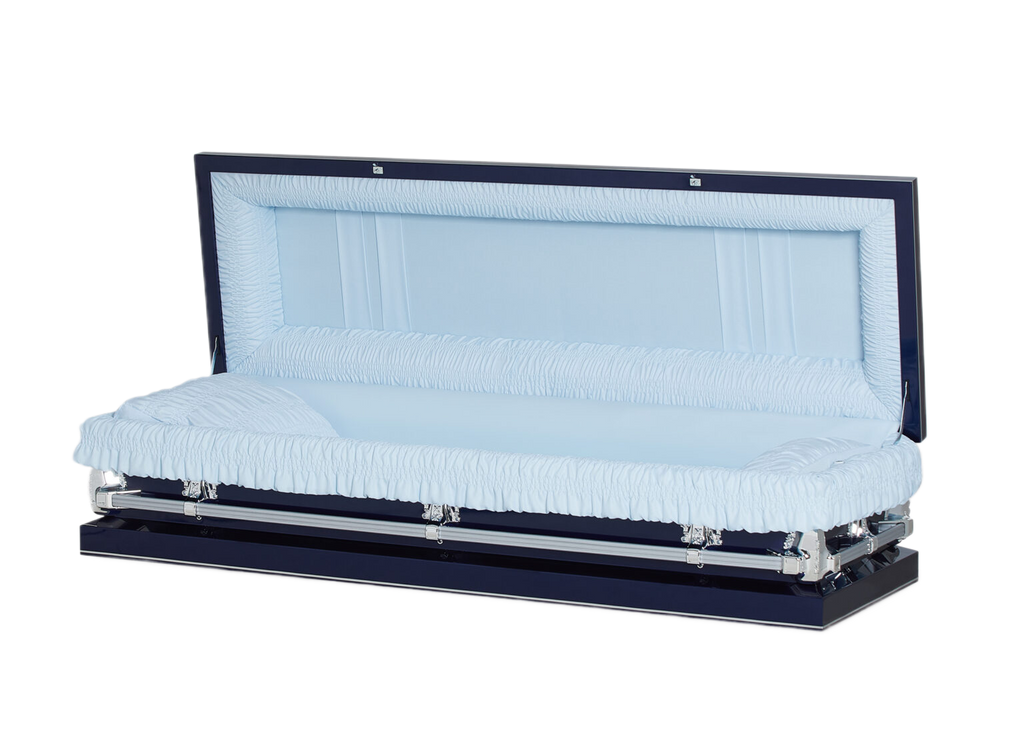 Clair Navy Blue Full Couch casket — neo blue 20-gauge steel with blue crepe interior (view 2)