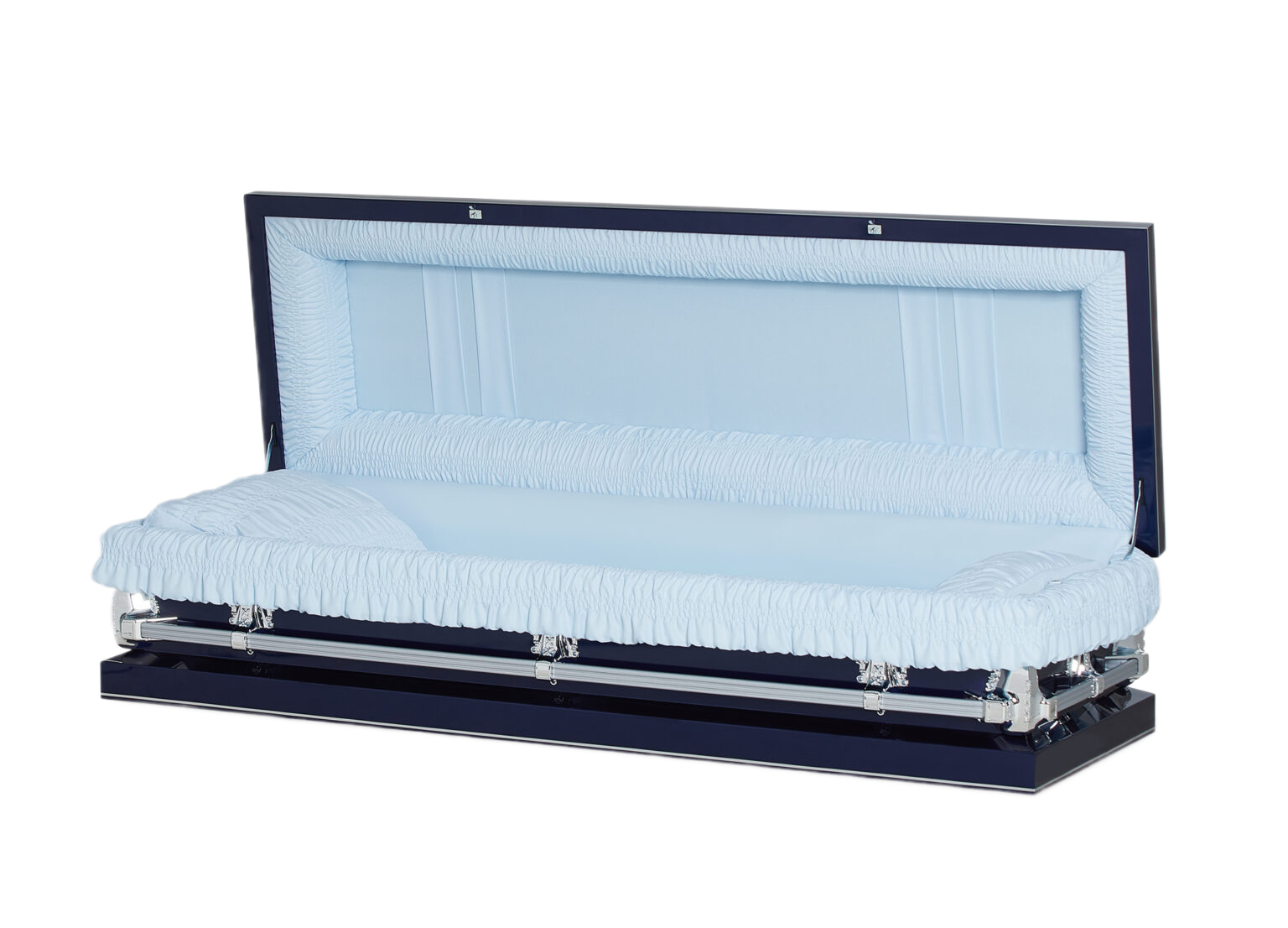Clair Navy Blue Full Couch casket — neo blue 20-gauge steel with blue crepe interior (view 2)