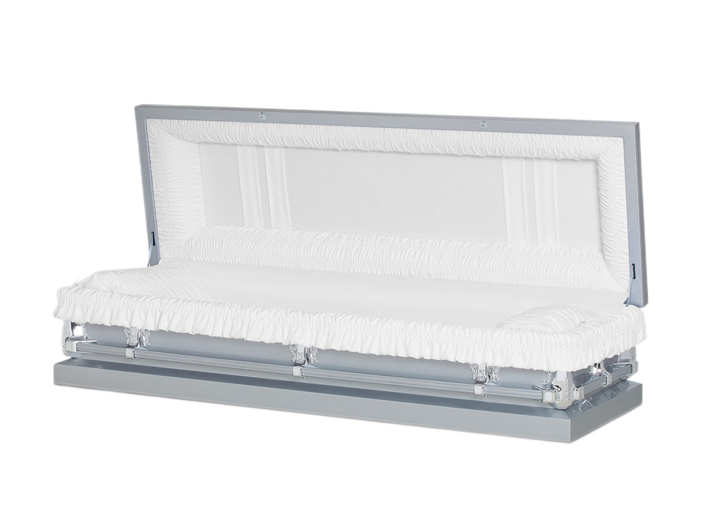 Clair Silver Full Couch casket — silver 20-gauge steel with white crepe interior (view 2)