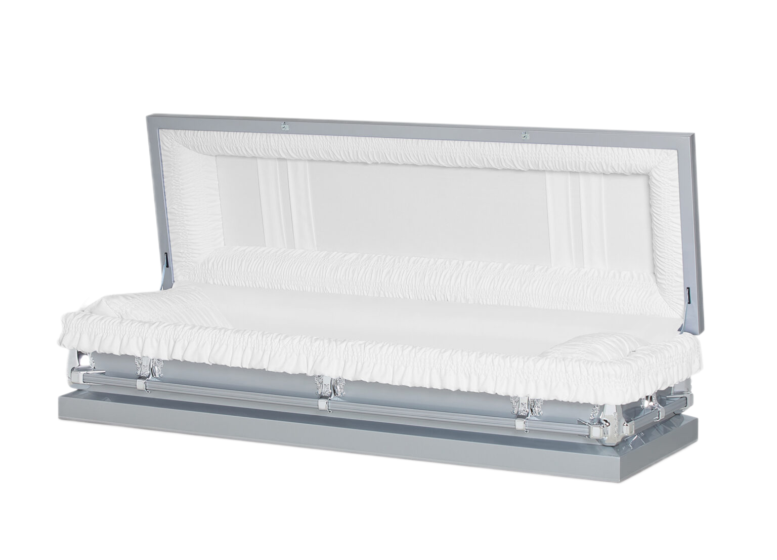 Clair Silver Full Couch casket — silver 20-gauge steel with white crepe interior (view 2)