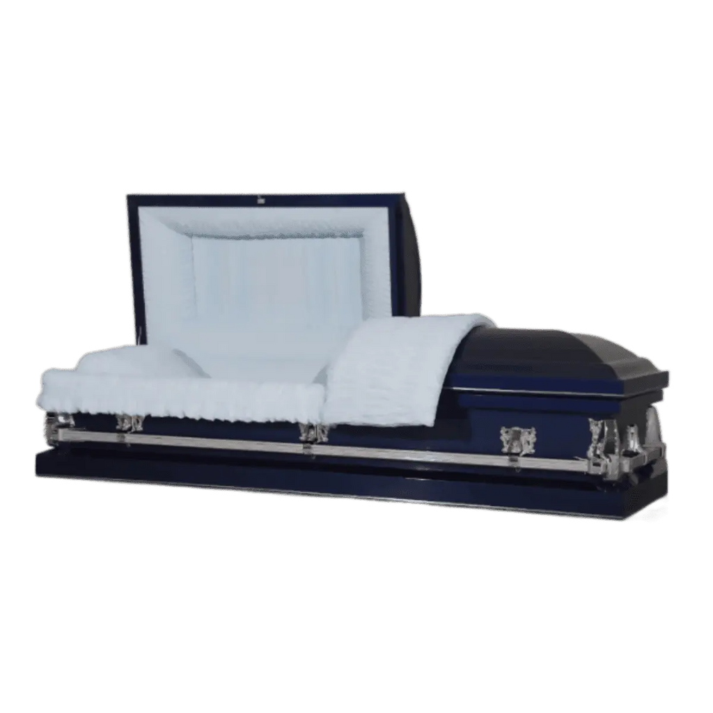 Clair Series Navy Blue casket — navy blue 20-gauge steel with blue crepe interior (view 2)