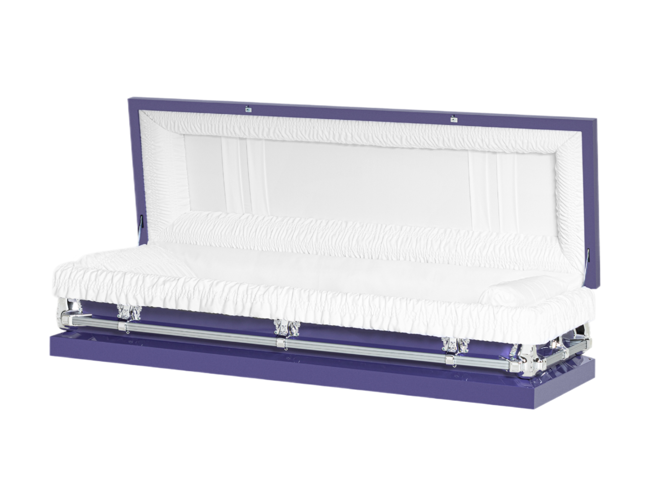 Clair Purple Full Couch casket — purple 20-gauge steel with white crepe interior (view 2)