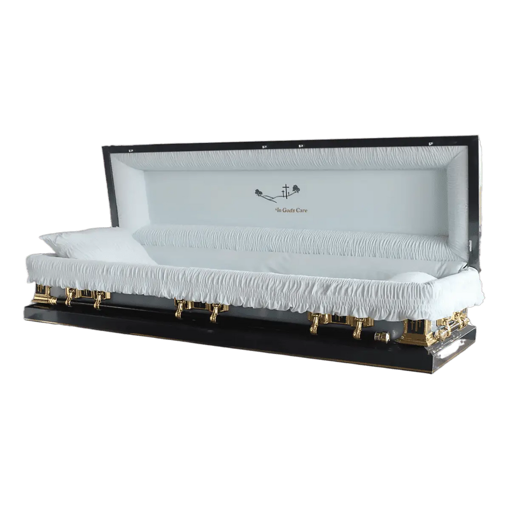 Discount Caskets Series In Gods Care Full Couch — black 18-gauge steel with blue velvet interior (view 2)