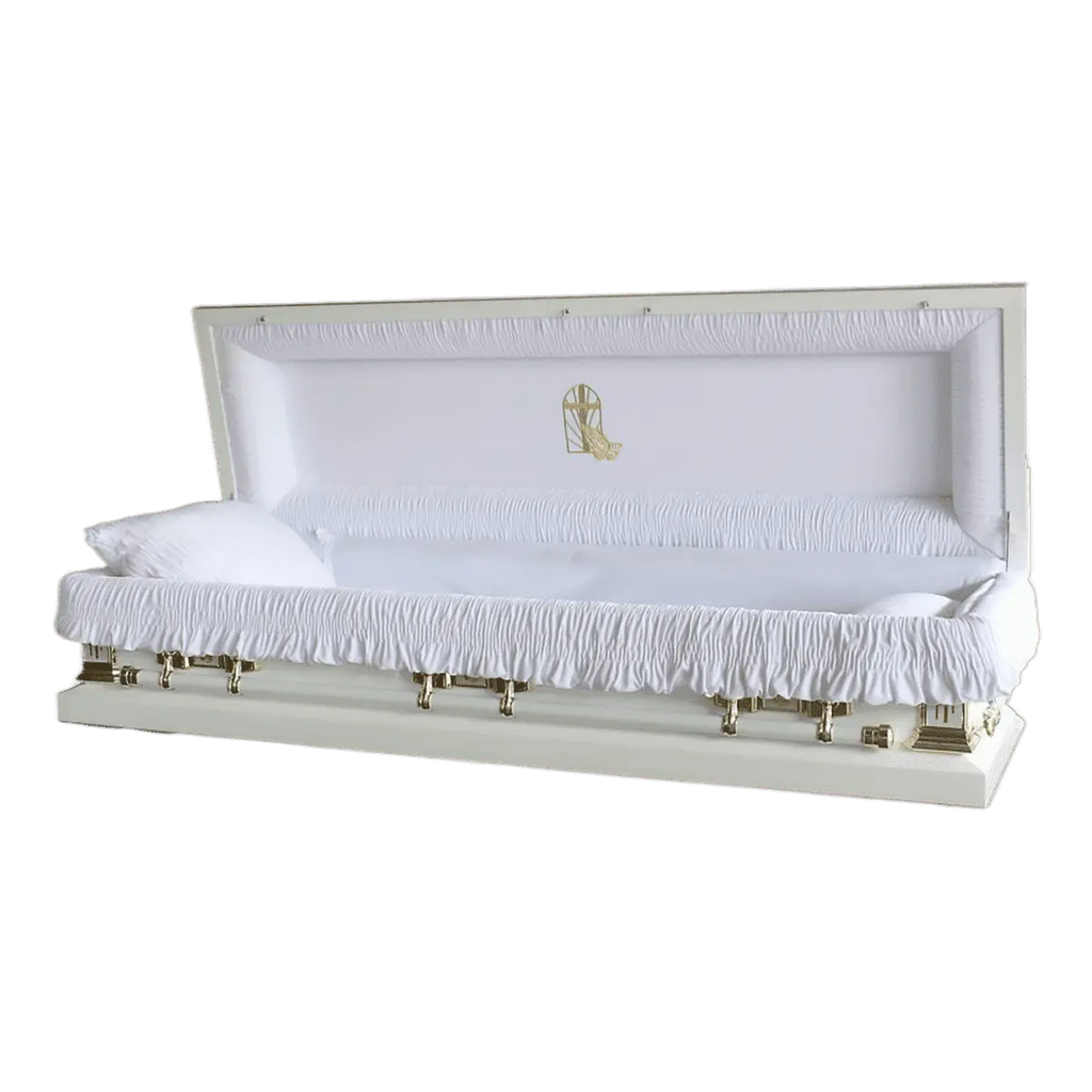 Discount Caskets Series Golden Cross Full Couch — white 18-gauge steel with white velvet interior (view 2)