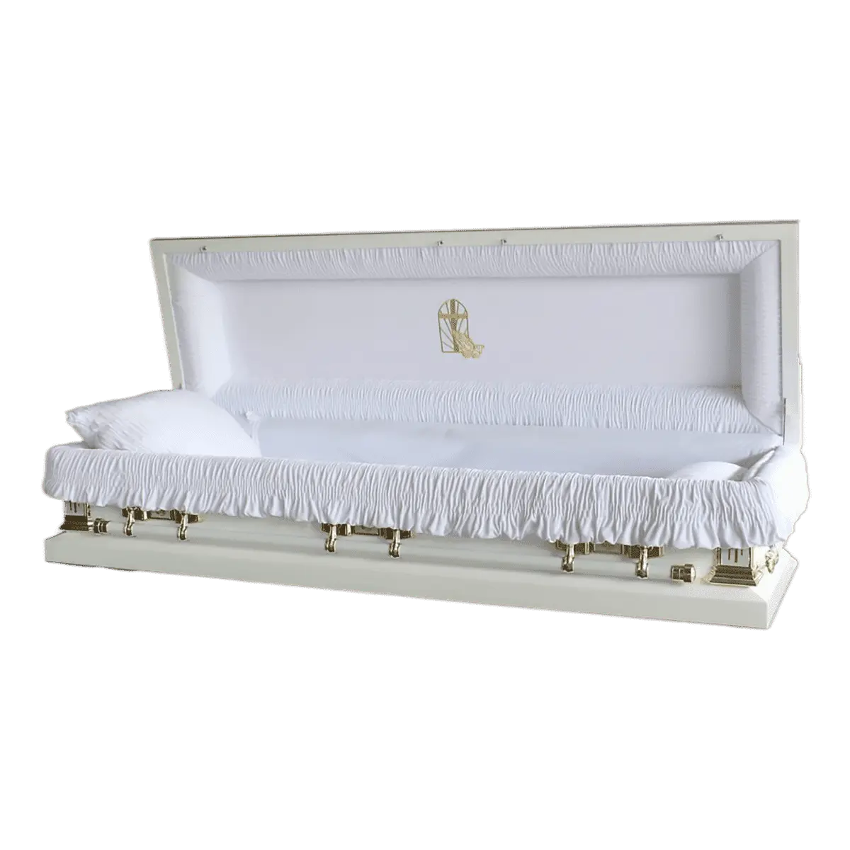 Discount Caskets Series Golden Cross Full Couch — white 18-gauge steel with white velvet interior (view 2)