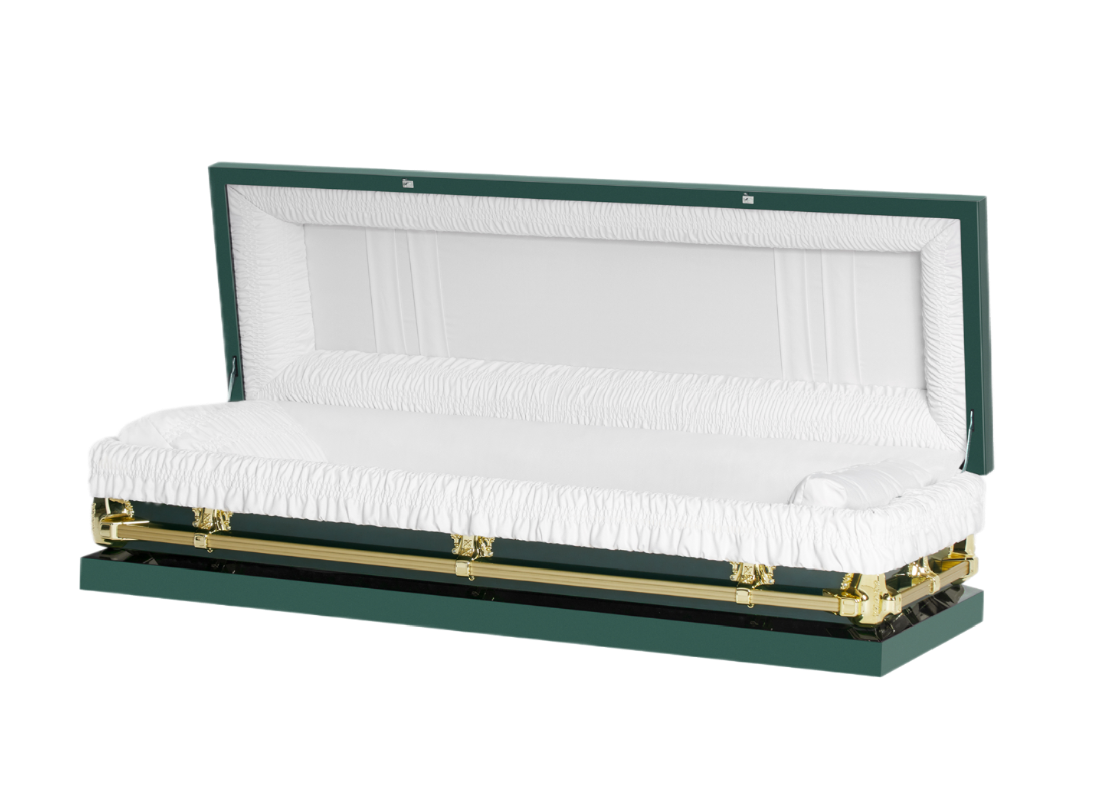 Clair Green Full Couch casket — green 20-gauge steel with white crepe interior (view 2)