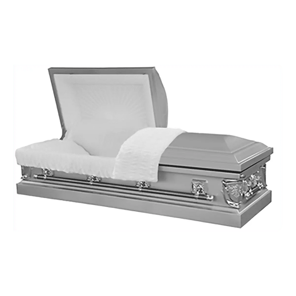 Infinite Silver casket — silver 20-gauge steel with white crepe interior (view 2)