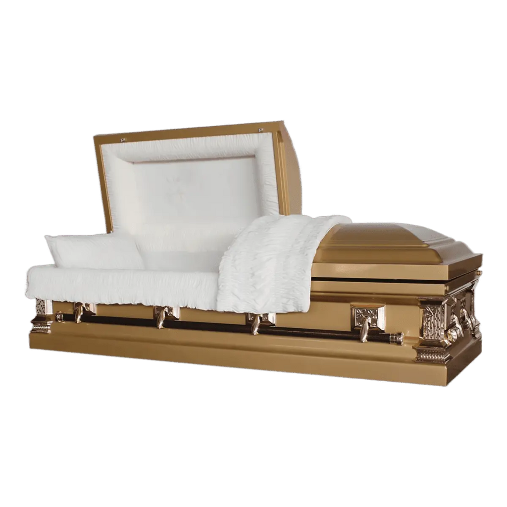 Delta Series Gold casket — gold 18-gauge steel with ivory velvet interior (view 2)