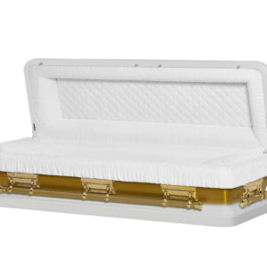 Discount Caskets Series White and Gold Full Couch — white 18-gauge steel with white velvet interior