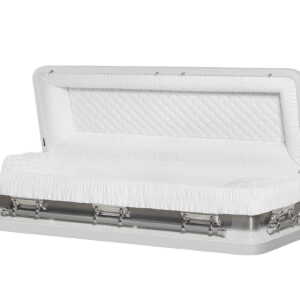 Discount Caskets Series White and Silver Full Couch — white 18-gauge steel with white velvet interior