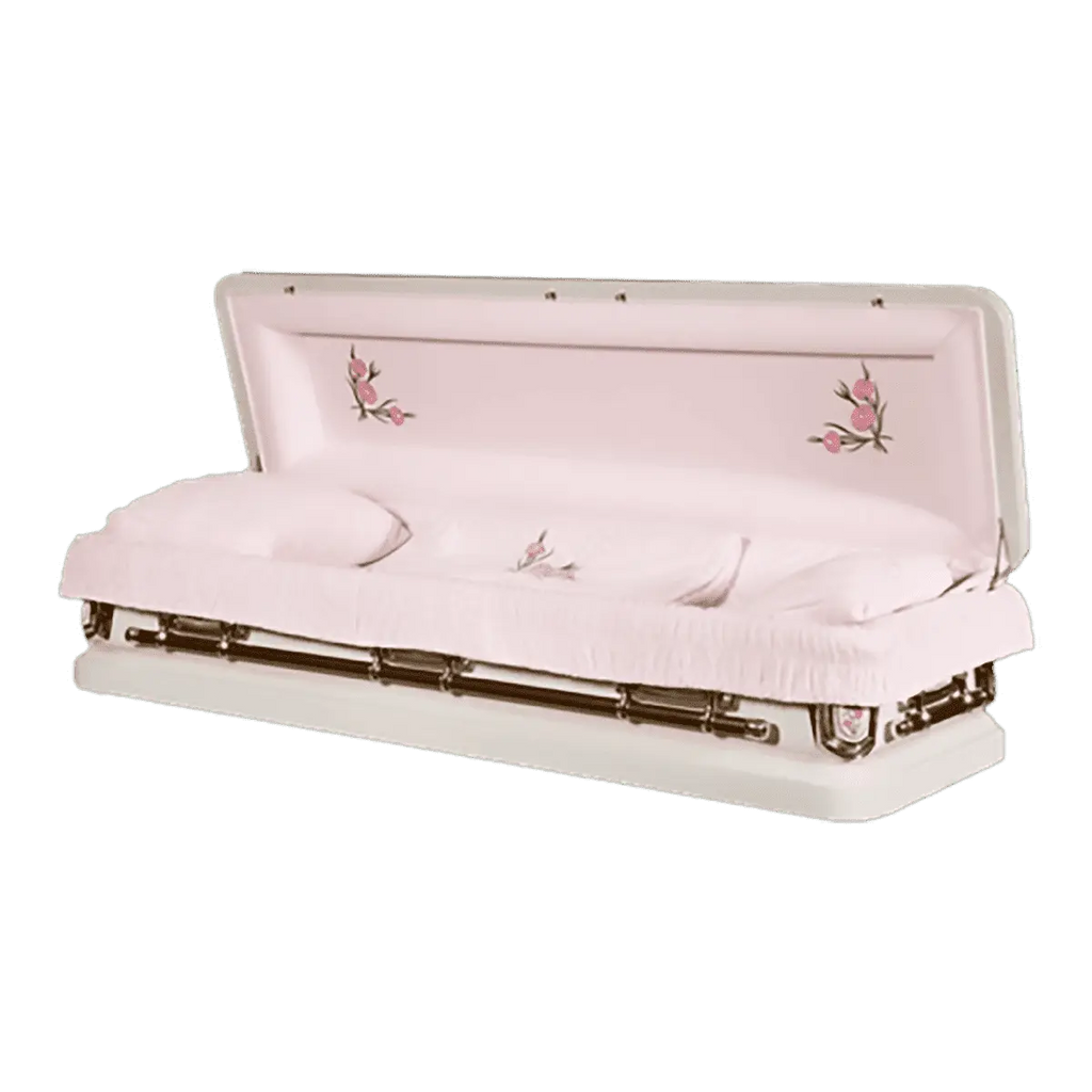 Discount Caskets Series Primrose Full Couch — pink 18-gauge steel with pink velvet interior (view 2)