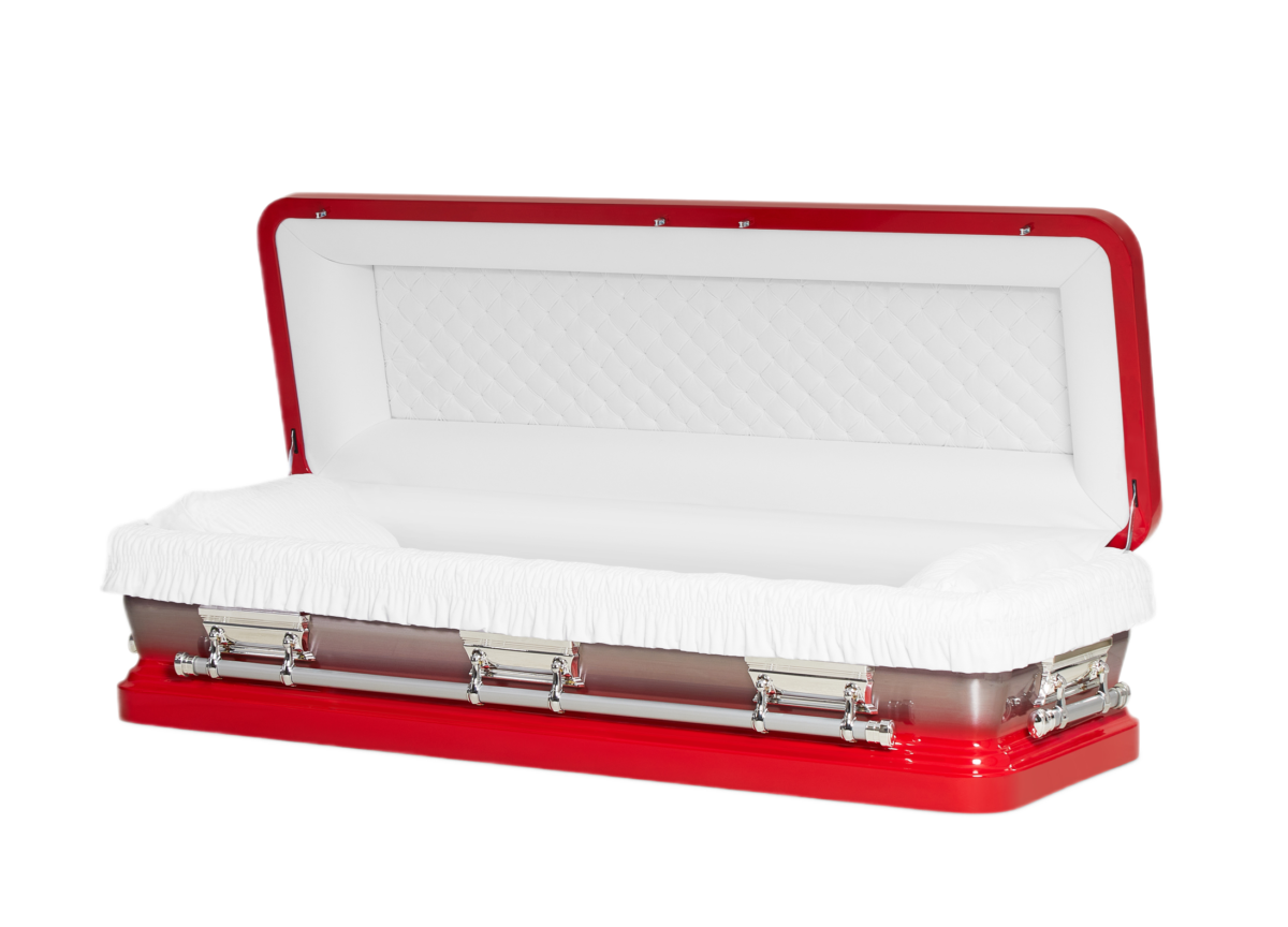 Discount Caskets Series Red Full Couch — red 18-gauge steel with white velvet interior (view 2)