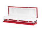 Clair Red Full Couch casket — red 20-gauge steel with white crepe interior (view 2)
