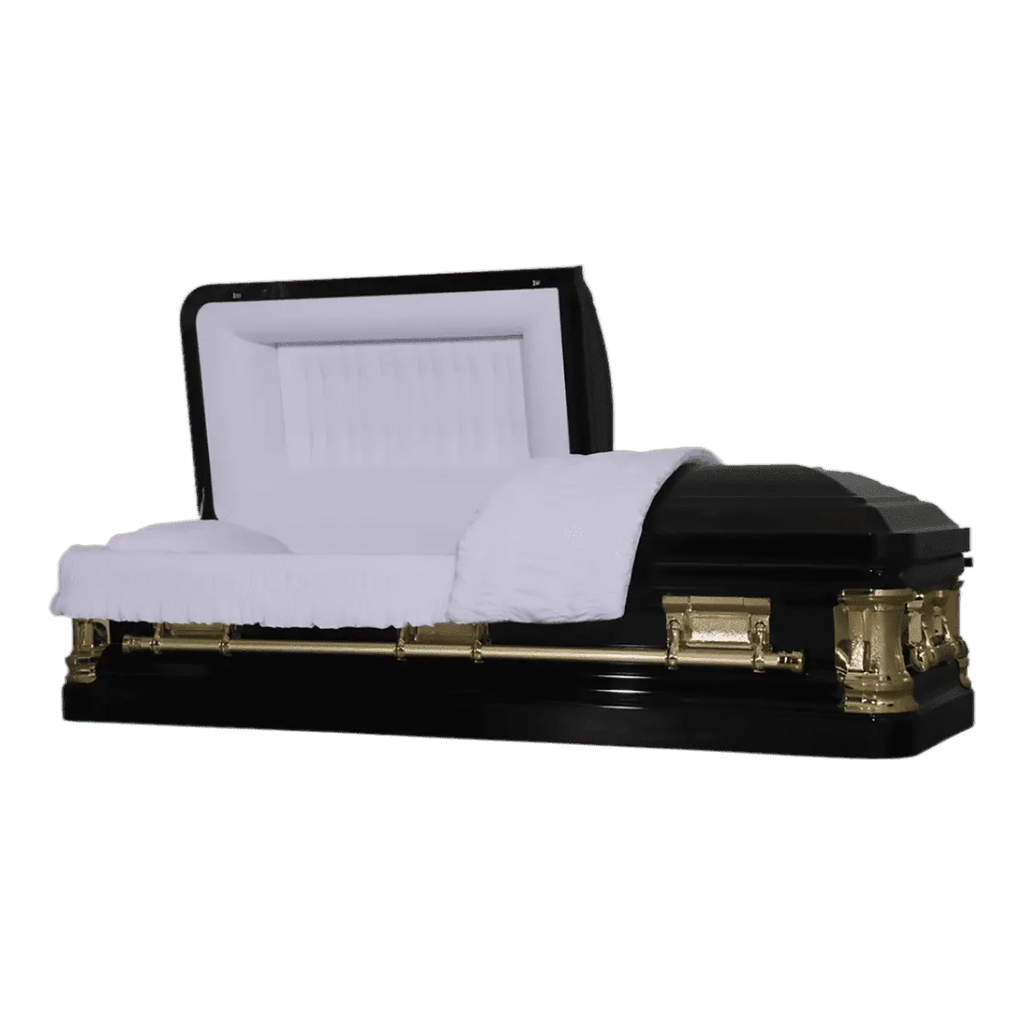 Delta Series Black casket — black 18-gauge steel with white velvet interior (view 2)