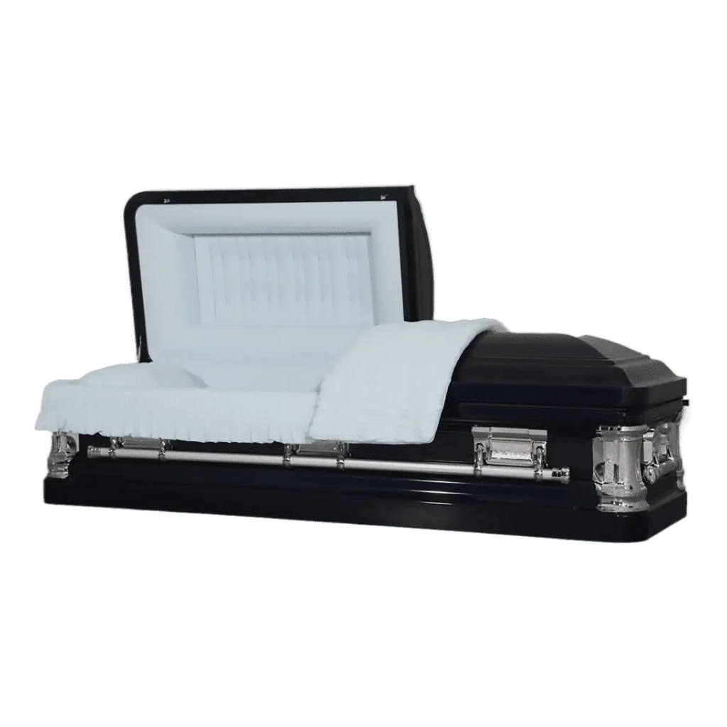 Delta Series Navy Blue casket — blue 18-gauge steel with blue velvet interior (view 2)
