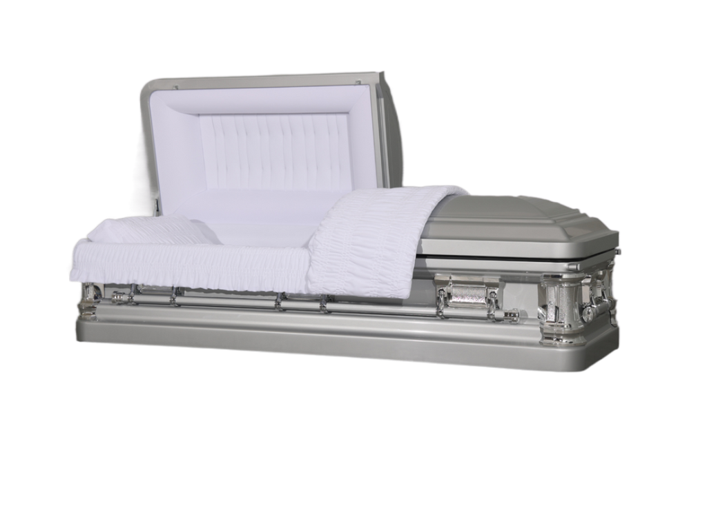 Delta Series Silver casket — silver 18-gauge steel with white velvet interior (view 2)