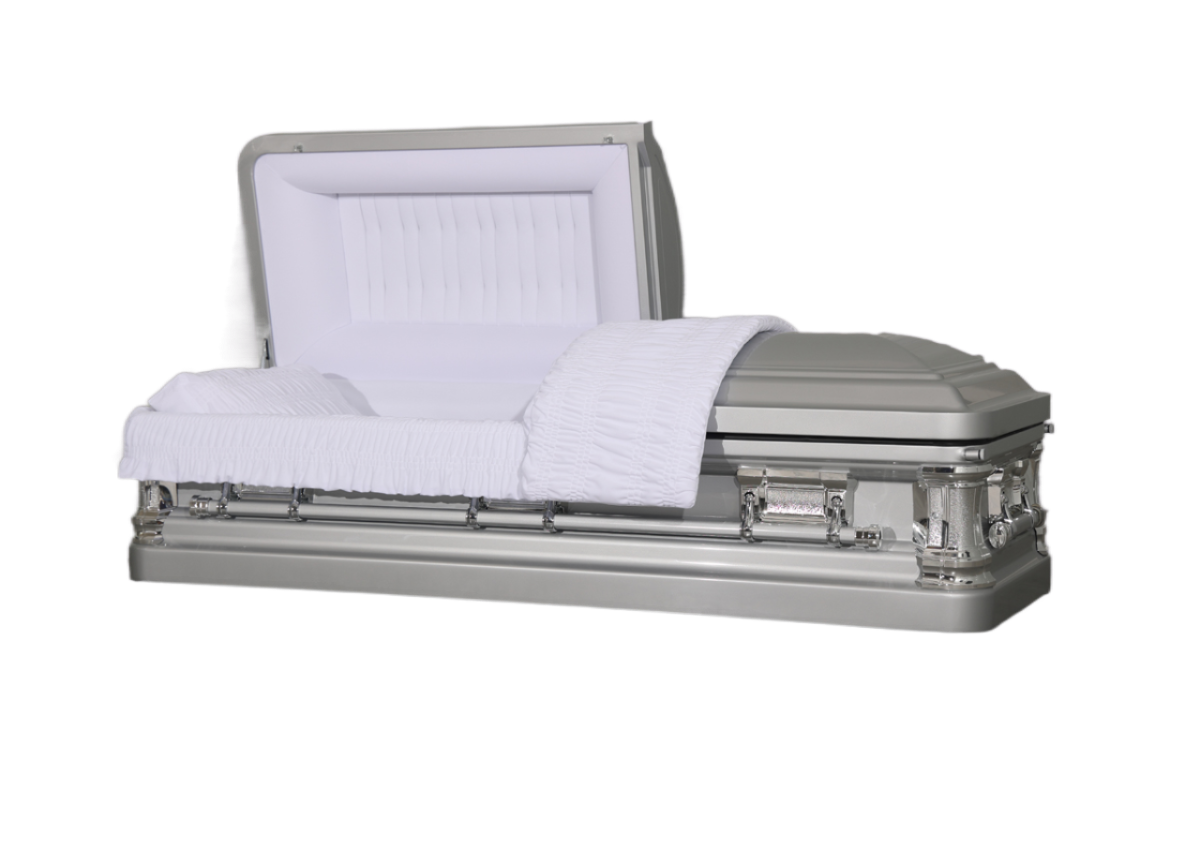 Delta Series Silver casket — silver 18-gauge steel with white velvet interior (view 2)