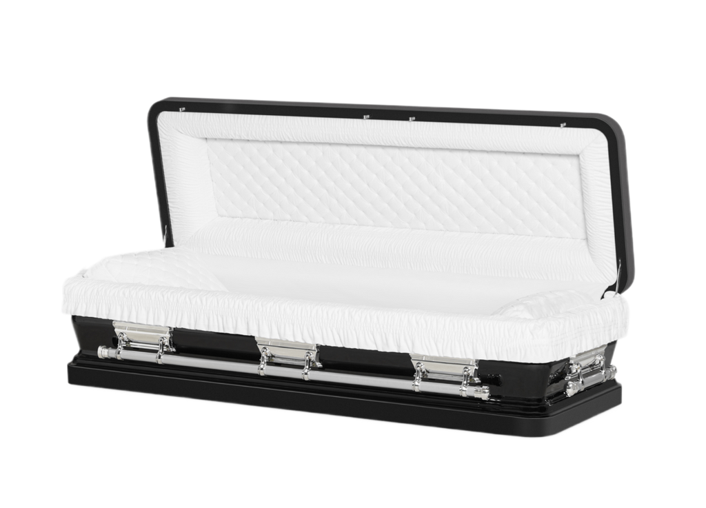 Discount Caskets Series Black and Silver Bar Full Couch — black 18-gauge steel with white velvet interior (view 3)