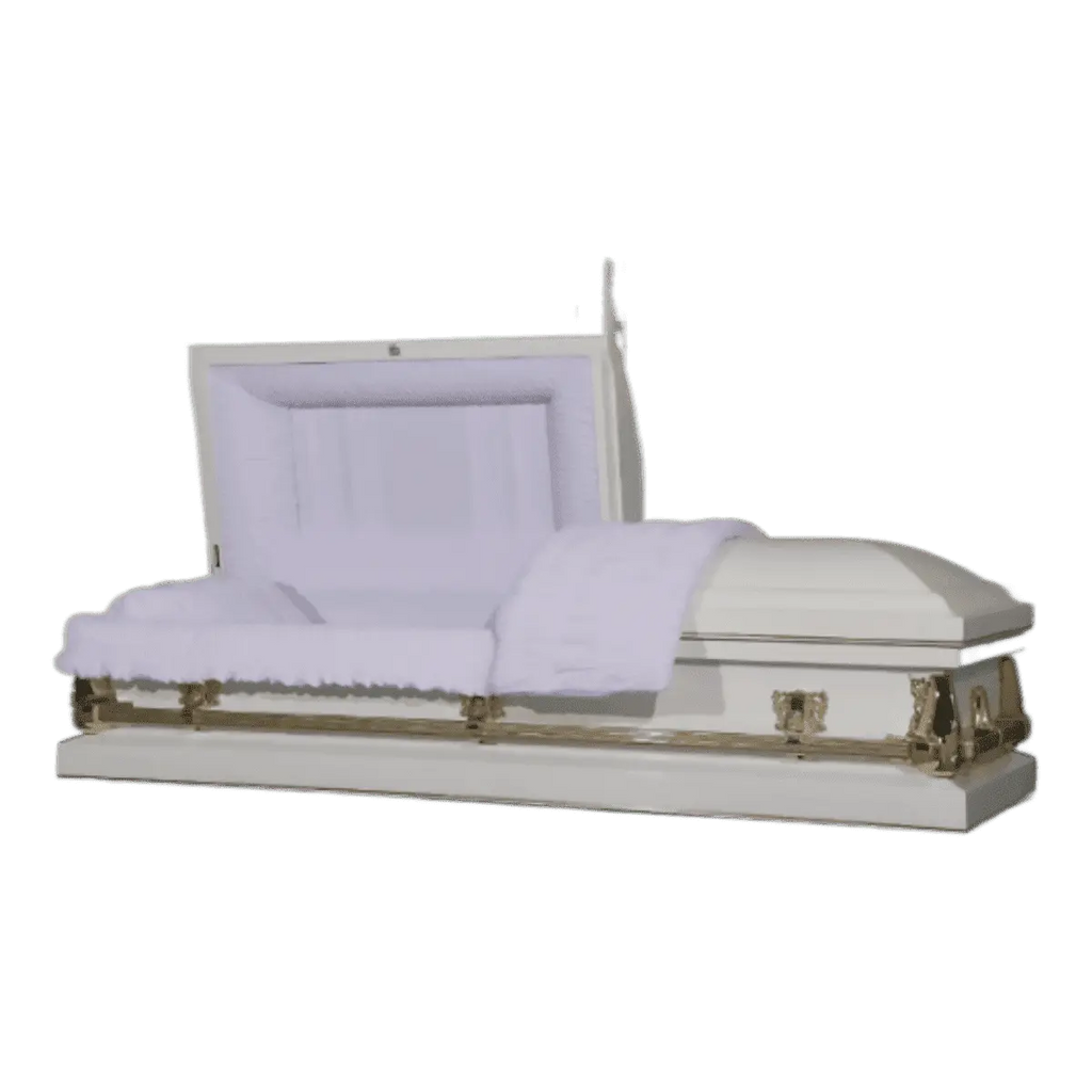 Orion Series White/Gold casket — white 18-gauge steel with white velvet interior (view 3)