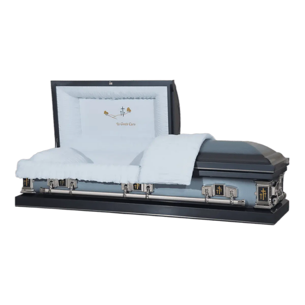Satin Series Blue Cross casket — blue 20-gauge steel with blue crepe interior (view 3)