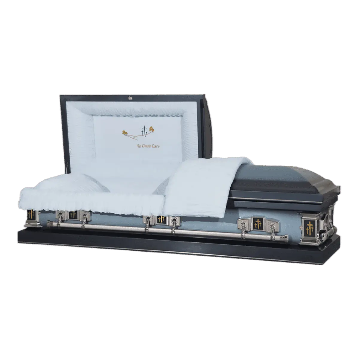Satin Series Blue Cross casket — blue 20-gauge steel with blue crepe interior (view 3)