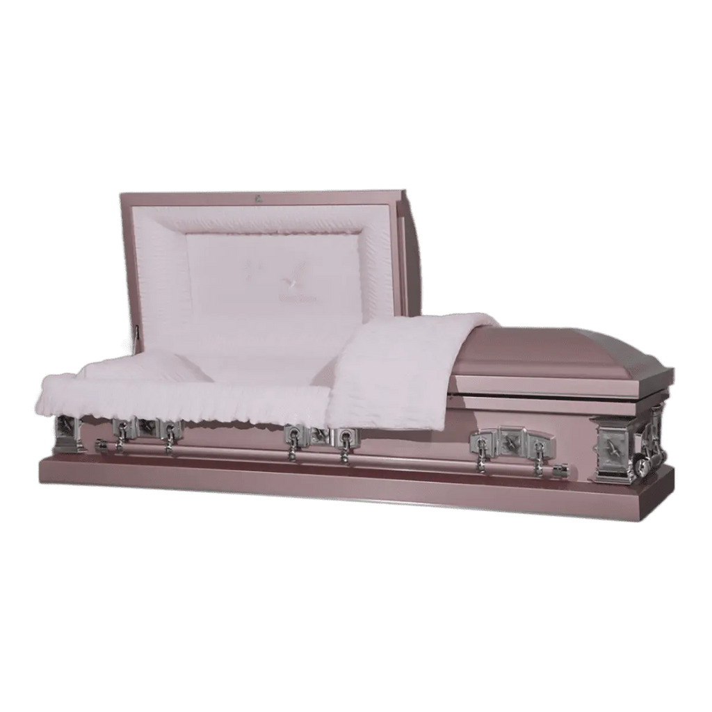 The Icon Series Orchid casket — orchid 20-gauge steel with pink crepe interior (view 2)