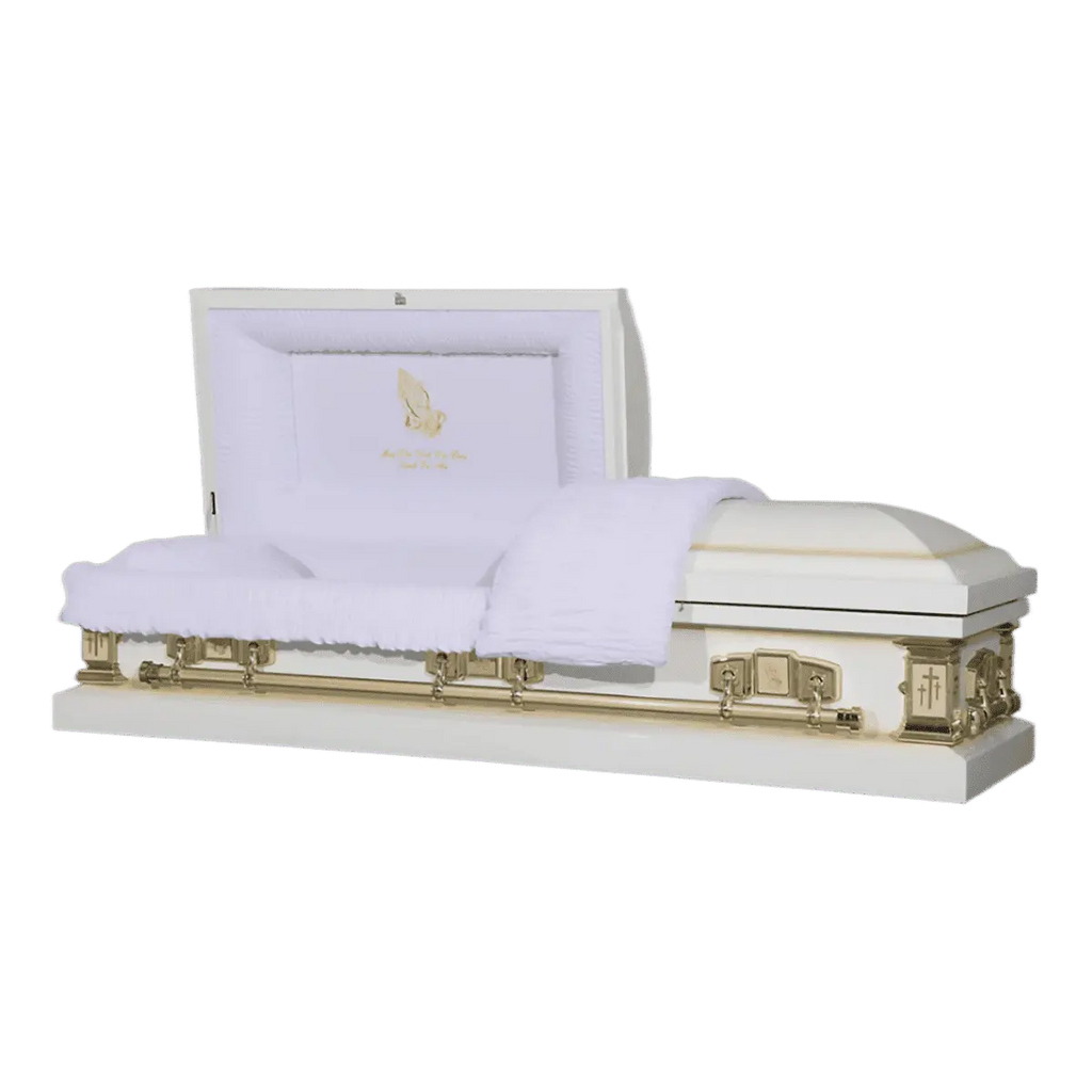 The Icon Series White Pearl casket — white 20-gauge steel with white crepe interior (view 2)