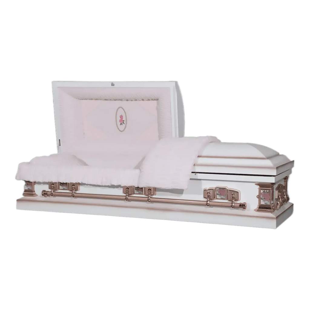 The Icon Series White Rose casket — white 20-gauge steel with pink crepe interior (view 2)