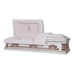 The Icon Series White Rose casket — white 20-gauge steel with pink crepe interior (view 2)