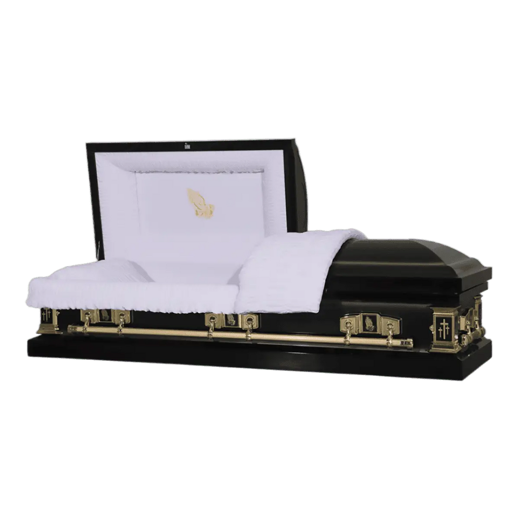 The Icon Series Black Pearl casket — black 20-gauge steel with white crepe interior (view 2)