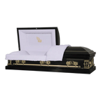 The Icon Series Black Pearl casket — black 20-gauge steel with white crepe interior (view 2)