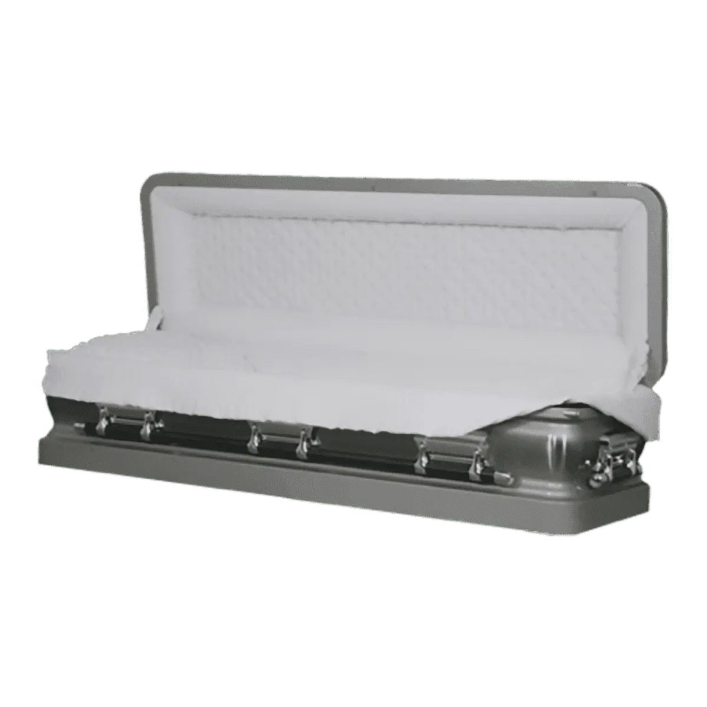 Discount Caskets Series Silver Full Couch — silver 18-gauge steel with white velvet interior (view 2)
