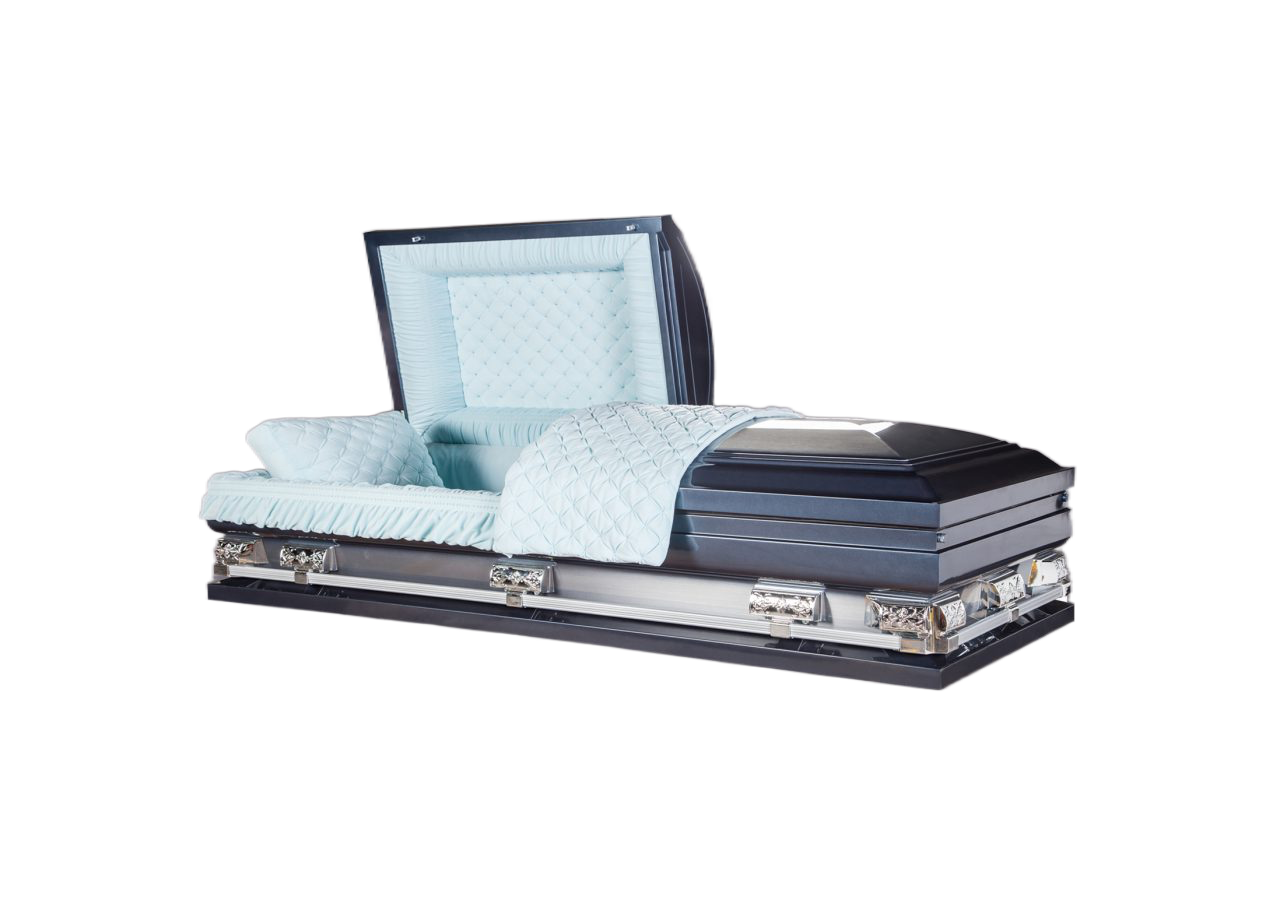 Discount Caskets Series Navy Blue — silver 18-gauge steel with blue velvet interior (view 2)
