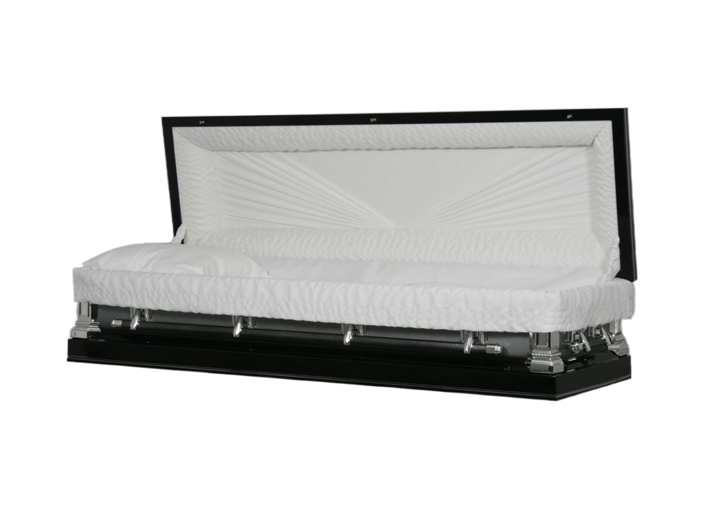 Discount Caskets Series Ebony/Silver Full Couch — silver 18-gauge steel with white velvet interior (view 2)