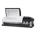 The Greyson Stainless Steel casket — black stainless steel with white velvet interior (view 2)