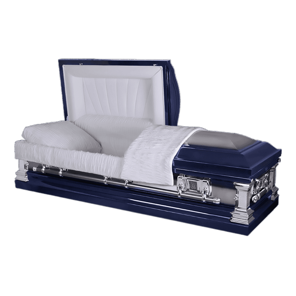 The Liberty Stainless Steel casket — blue stainless steel with pearl velvet interior (view 2)