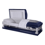 The Liberty Stainless Steel casket — blue stainless steel with pearl velvet interior (view 2)