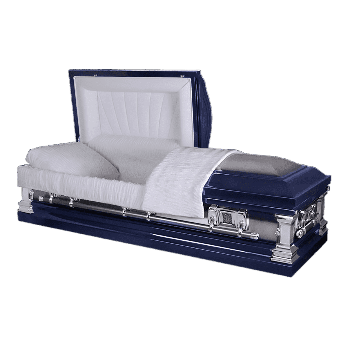 The Liberty Stainless Steel casket — blue stainless steel with pearl velvet interior (view 2)